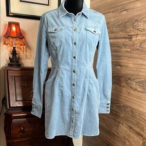 Free People Blue Long Sleeve Shirt Dress with Dress Shirt Collar
